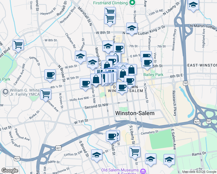 map of restaurants, bars, coffee shops, grocery stores, and more near 310 West 4th Street in Winston-Salem