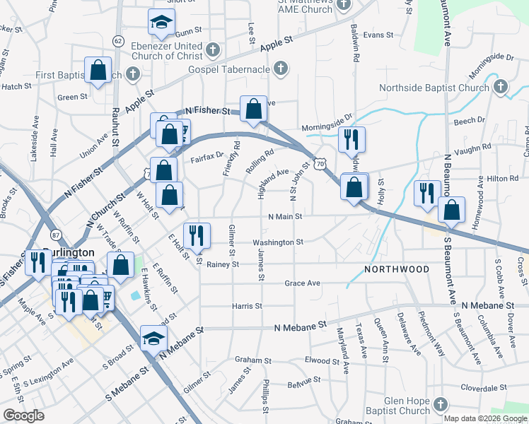 map of restaurants, bars, coffee shops, grocery stores, and more near 905 North Main Street in Burlington