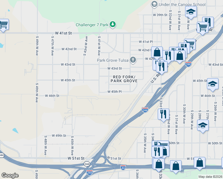 map of restaurants, bars, coffee shops, grocery stores, and more near 3748 West 45th Place in Tulsa