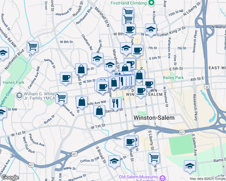map of restaurants, bars, coffee shops, grocery stores, and more near 503 West 4th Street in Winston-Salem