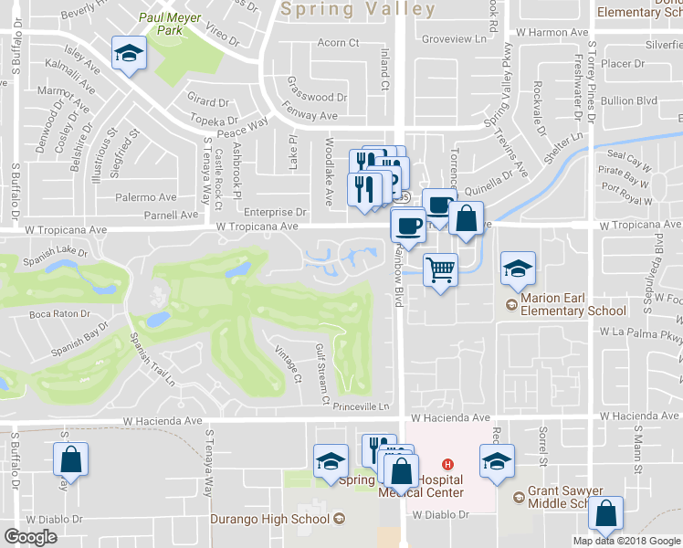 map of restaurants, bars, coffee shops, grocery stores, and more near 6908 Emerald Springs Lane in Las Vegas