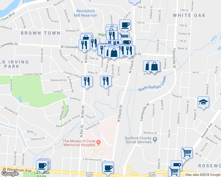 map of restaurants, bars, coffee shops, grocery stores, and more near 1702 Buffalo Street in Greensboro