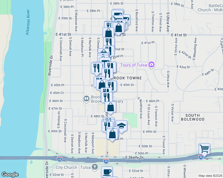 map of restaurants, bars, coffee shops, grocery stores, and more near 1328 East 45th Place in Tulsa