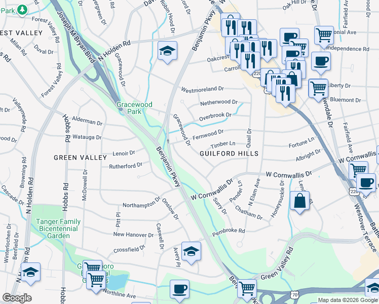 map of restaurants, bars, coffee shops, grocery stores, and more near 1312 Surry Drive in Greensboro