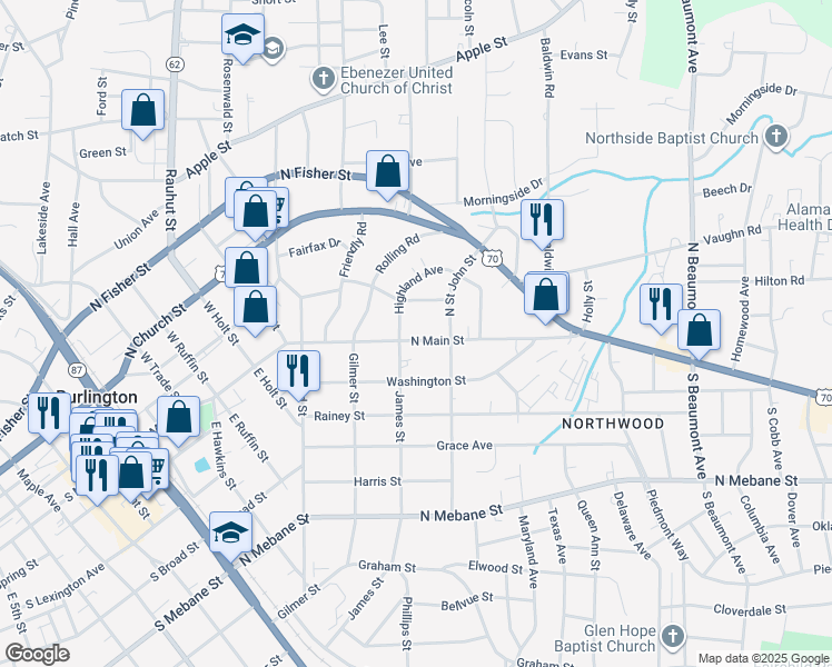 map of restaurants, bars, coffee shops, grocery stores, and more near 905 North Main Street in Burlington