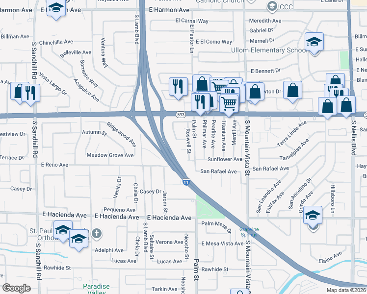 map of restaurants, bars, coffee shops, grocery stores, and more near 4365 Questa Court in Las Vegas