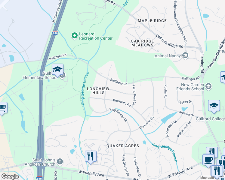 map of restaurants, bars, coffee shops, grocery stores, and more near Stockbridge Drive in Greensboro