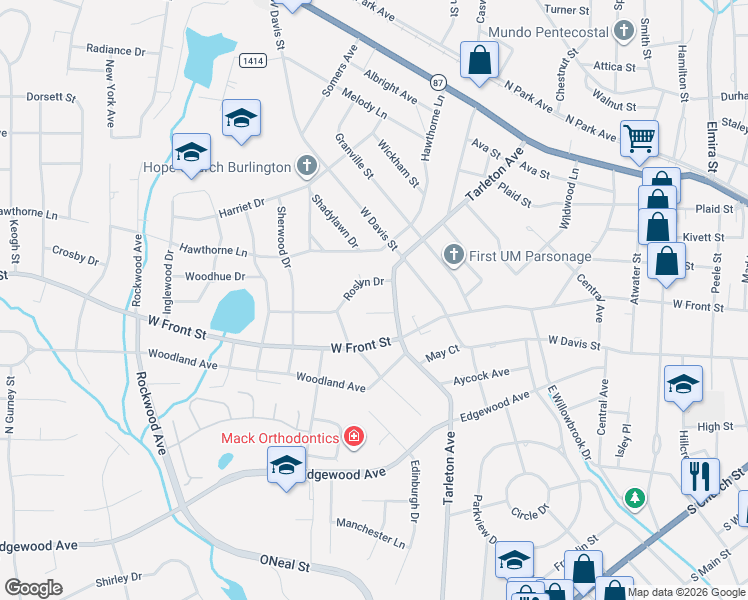 map of restaurants, bars, coffee shops, grocery stores, and more near 1500 Brent Court in Burlington