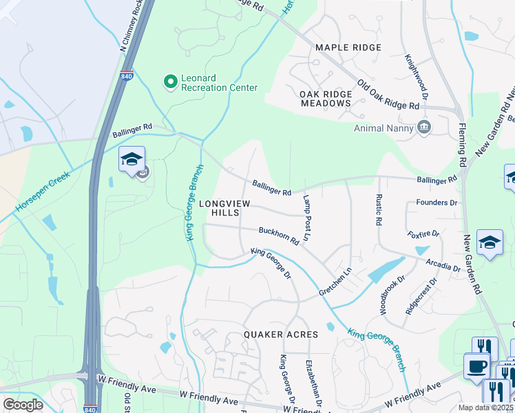 map of restaurants, bars, coffee shops, grocery stores, and more near 6203 Stockbridge Drive in Greensboro
