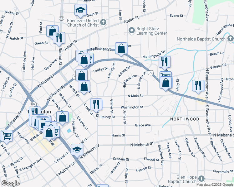 map of restaurants, bars, coffee shops, grocery stores, and more near 809 North Main Street in Burlington