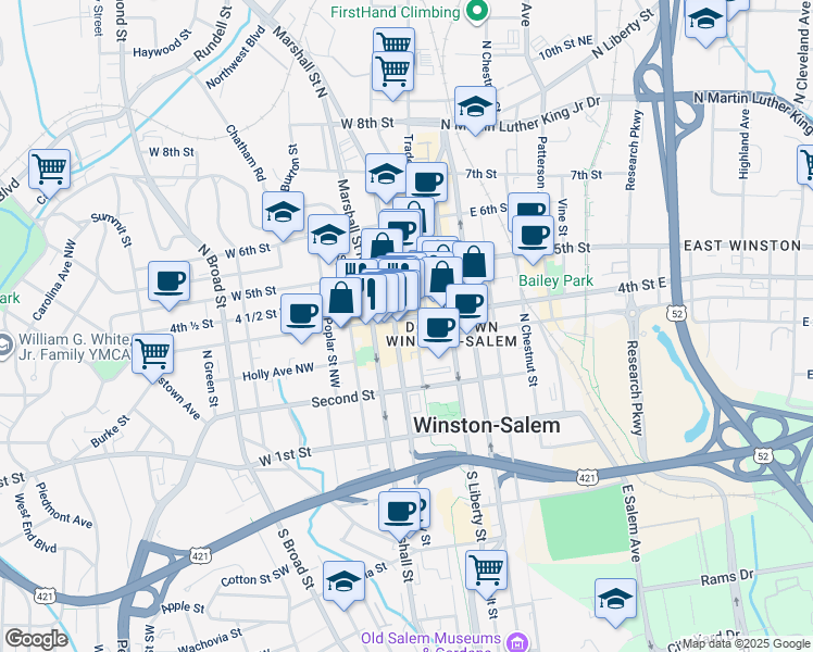 map of restaurants, bars, coffee shops, grocery stores, and more near 300 North Cherry Street in Winston-Salem