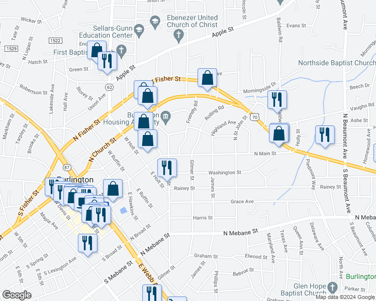 map of restaurants, bars, coffee shops, grocery stores, and more near 712 North Main Street in Burlington