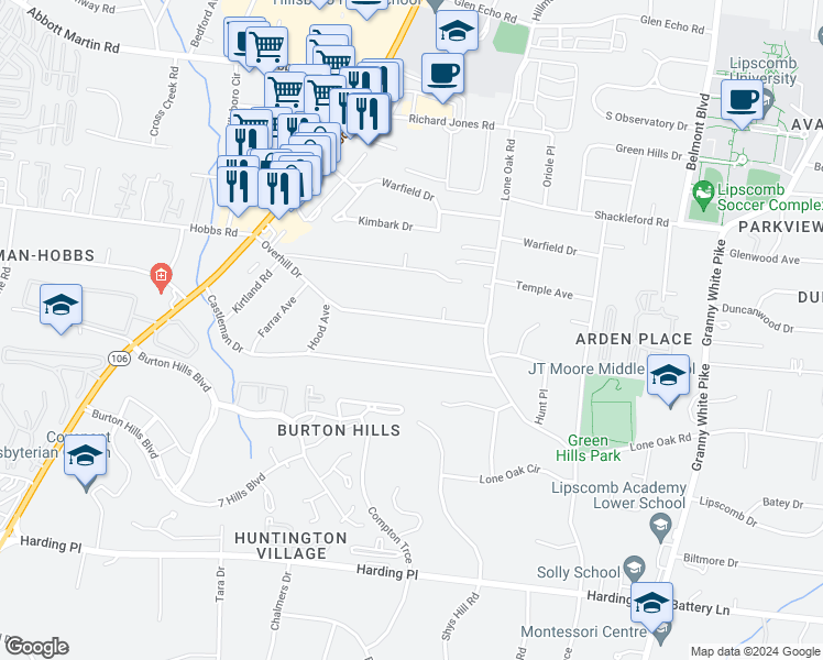 map of restaurants, bars, coffee shops, grocery stores, and more near 2007 Overhill Drive in Nashville