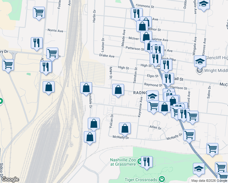 map of restaurants, bars, coffee shops, grocery stores, and more near 480 Allied Drive in Nashville