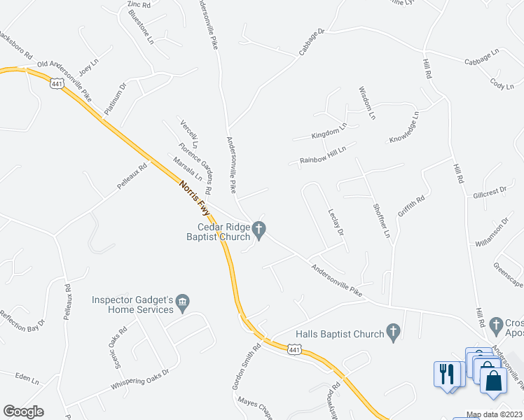 map of restaurants, bars, coffee shops, grocery stores, and more near 7952 Andersonville Pike in Knoxville