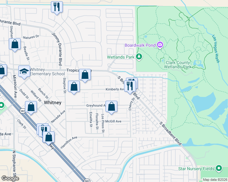 map of restaurants, bars, coffee shops, grocery stores, and more near 6464 East Carolina Dew Court in Las Vegas