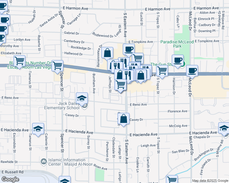 map of restaurants, bars, coffee shops, grocery stores, and more near 5060 Jeffreys Street in Las Vegas