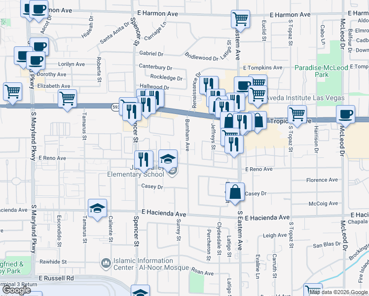map of restaurants, bars, coffee shops, grocery stores, and more near 5066 Stormy Circle in Las Vegas