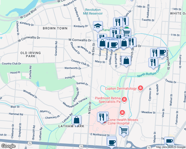 map of restaurants, bars, coffee shops, grocery stores, and more near 1806 North Elm Street in Greensboro