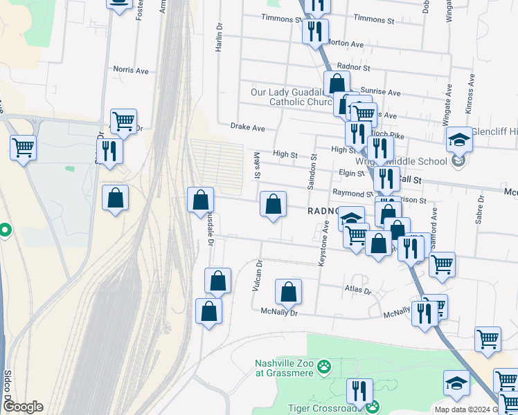 map of restaurants, bars, coffee shops, grocery stores, and more near 480 Allied Drive in Nashville