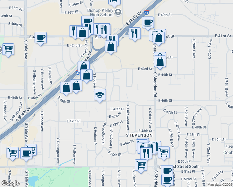 map of restaurants, bars, coffee shops, grocery stores, and more near 5917 East 46th Street in Tulsa