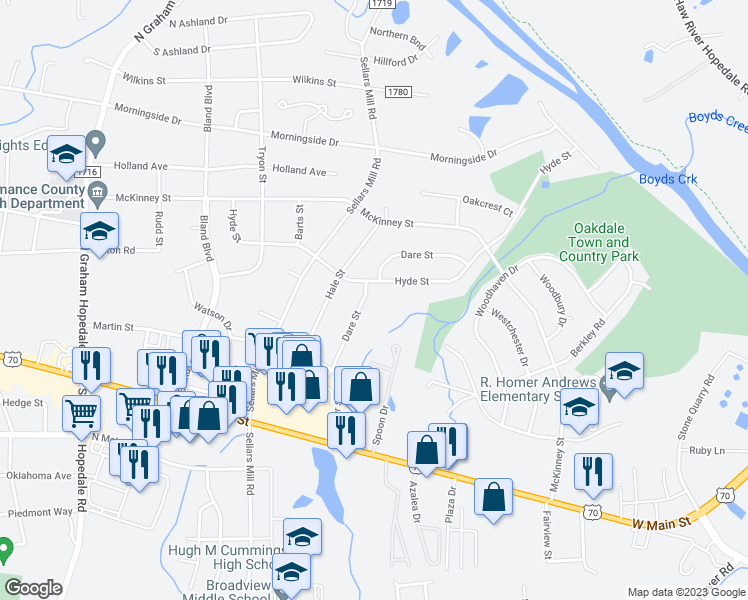 map of restaurants, bars, coffee shops, grocery stores, and more near 351 Dare Street in Burlington