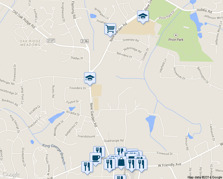 map of restaurants, bars, coffee shops, grocery stores, and more near 1128 New Garden Road in Greensboro