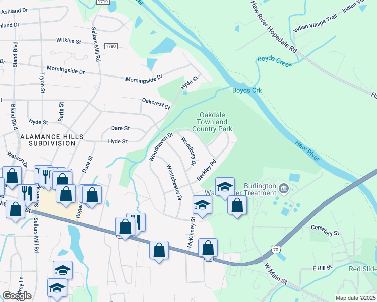 map of restaurants, bars, coffee shops, grocery stores, and more near 2729 Woodbury Drive in Burlington