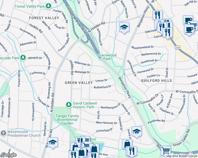 map of restaurants, bars, coffee shops, grocery stores, and more near 2812 Lenoir Drive in Greensboro