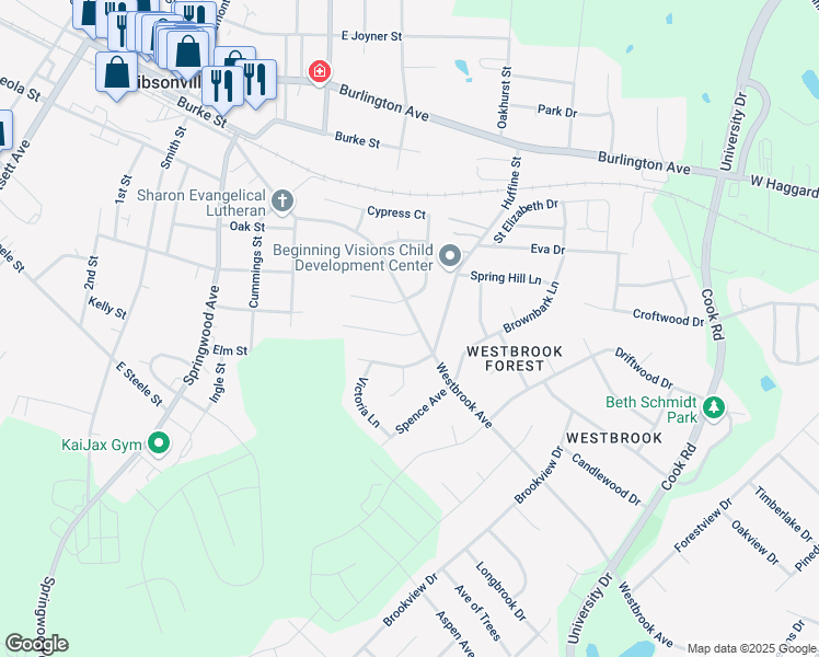 map of restaurants, bars, coffee shops, grocery stores, and more near 632 Scott Drive in Gibsonville