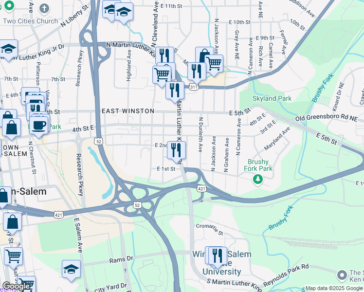 map of restaurants, bars, coffee shops, grocery stores, and more near 1416 East 2nd Street in Winston-Salem