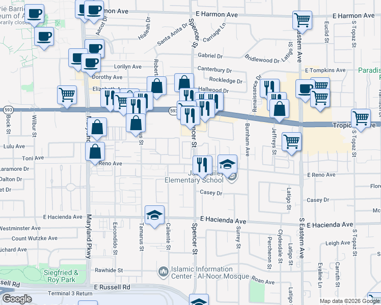 map of restaurants, bars, coffee shops, grocery stores, and more near 5096 Spencer Street in Las Vegas