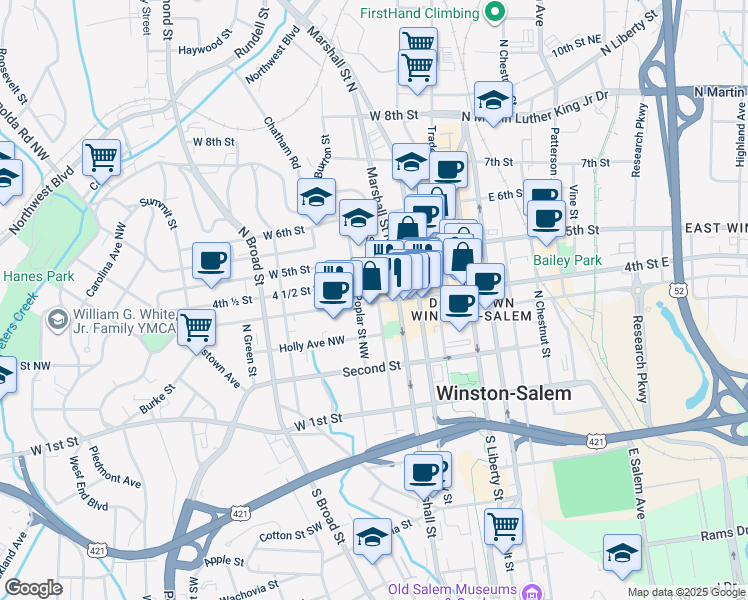 map of restaurants, bars, coffee shops, grocery stores, and more near 501 West 4th Street in Winston-Salem