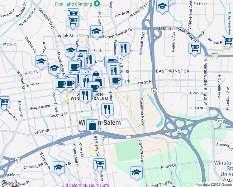 map of restaurants, bars, coffee shops, grocery stores, and more near 300 East 3rd Street in Winston-Salem