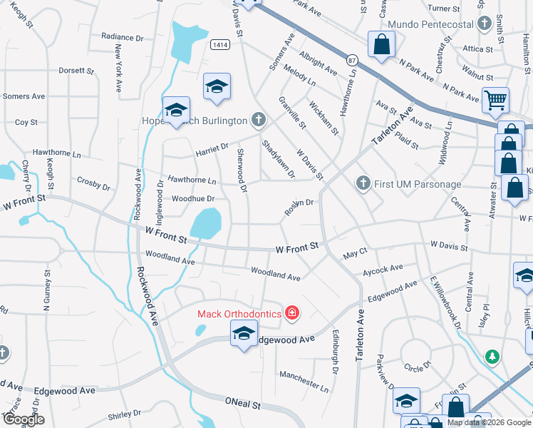 map of restaurants, bars, coffee shops, grocery stores, and more near 1400 Roslyn Drive in Burlington