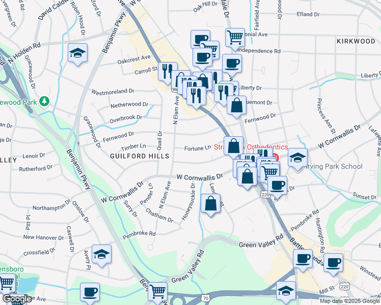 map of restaurants, bars, coffee shops, grocery stores, and more near 2325 Fortune Lane in Greensboro
