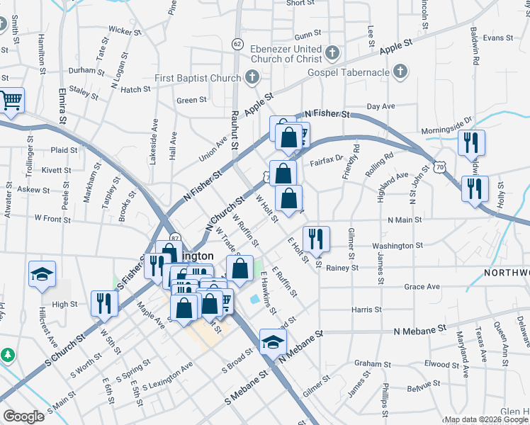 map of restaurants, bars, coffee shops, grocery stores, and more near 326 Sellars Street in Burlington