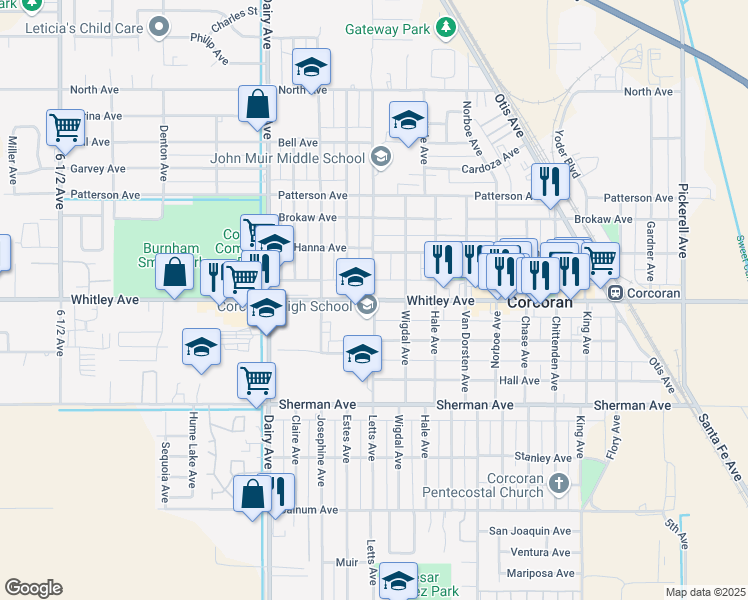 map of restaurants, bars, coffee shops, grocery stores, and more near 1100 Letts Avenue in Corcoran
