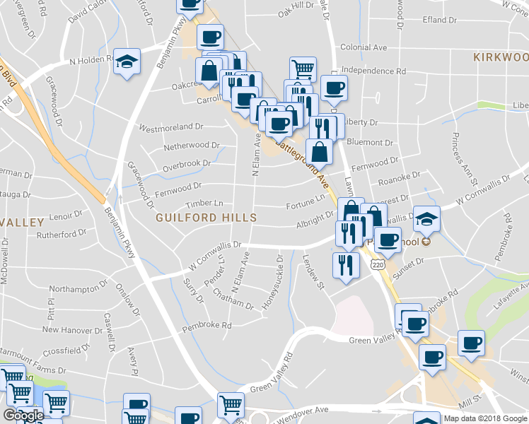 map of restaurants, bars, coffee shops, grocery stores, and more near 1200 North Elam Avenue in Greensboro