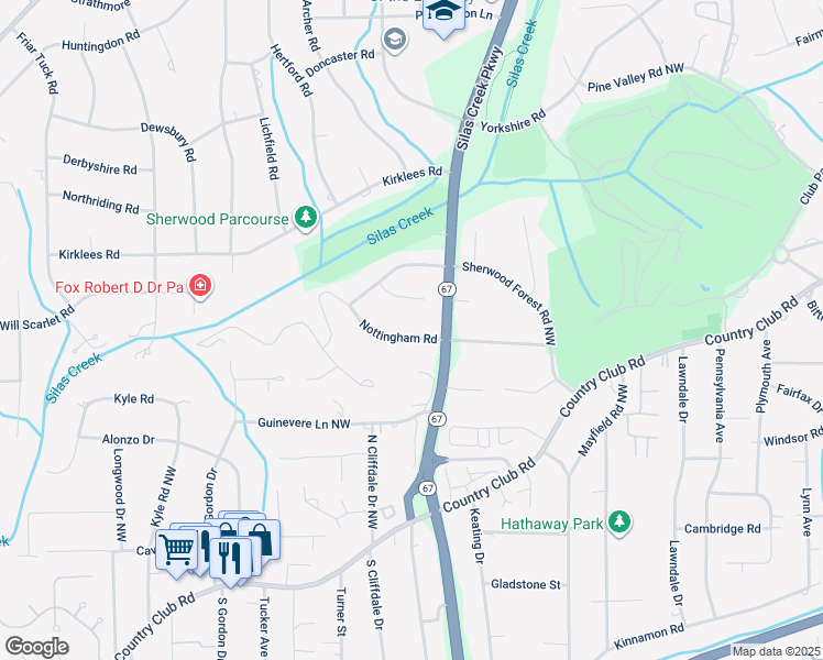map of restaurants, bars, coffee shops, grocery stores, and more near 3331 Nottingham Road in Winston-Salem