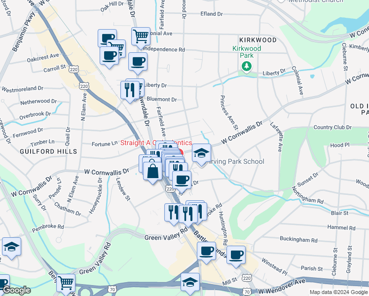 map of restaurants, bars, coffee shops, grocery stores, and more near 1504 W Cornwallis Dr in Greensboro