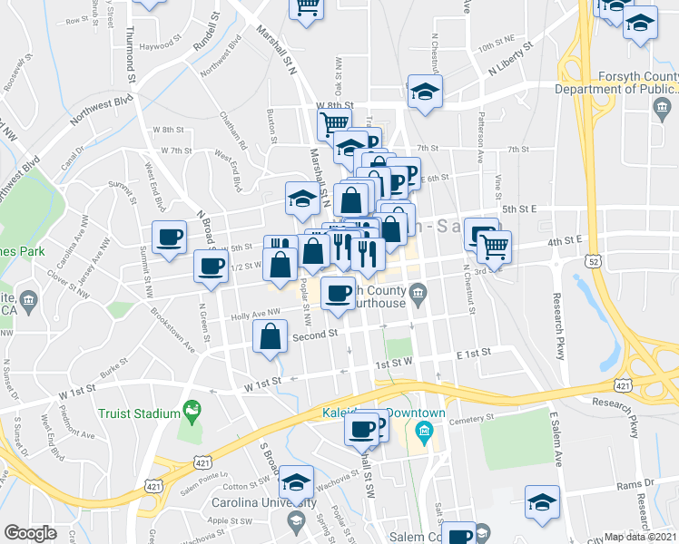 map of restaurants, bars, coffee shops, grocery stores, and more near 400 Marshall Street North in Winston-Salem