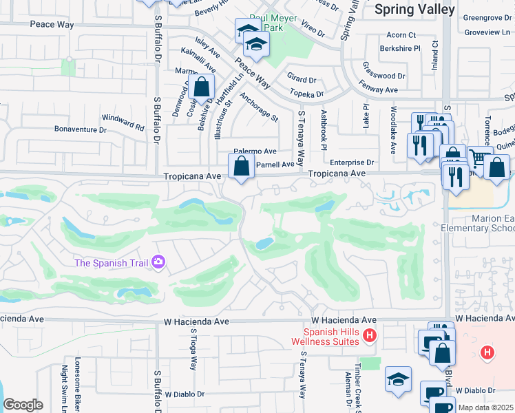map of restaurants, bars, coffee shops, grocery stores, and more near 7411 Mission Hills Drive in Las Vegas