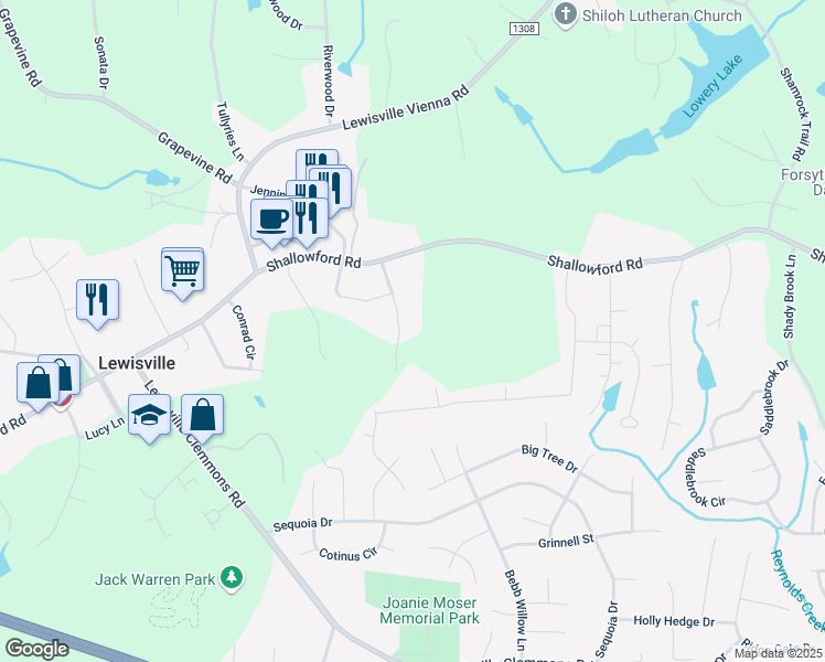 map of restaurants, bars, coffee shops, grocery stores, and more near 185 Oak Grove Avenue in Lewisville