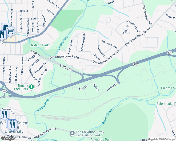 map of restaurants, bars, coffee shops, grocery stores, and more near 2239 Lula Street in Winston-Salem