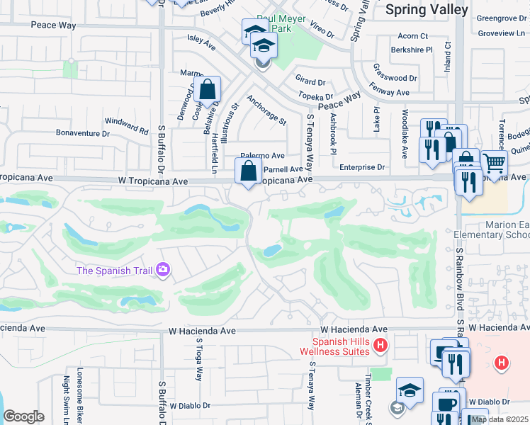 map of restaurants, bars, coffee shops, grocery stores, and more near 7411 Mission Hills Drive in Las Vegas