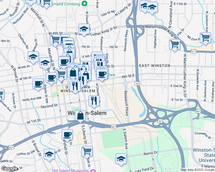 map of restaurants, bars, coffee shops, grocery stores, and more near 300 East 3rd Street in Winston-Salem