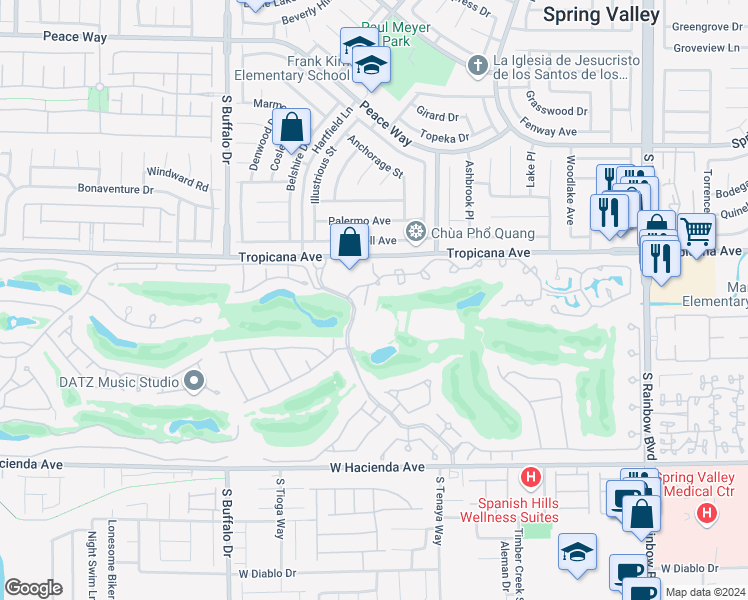 map of restaurants, bars, coffee shops, grocery stores, and more near 7411 Mission Hills Drive in Las Vegas