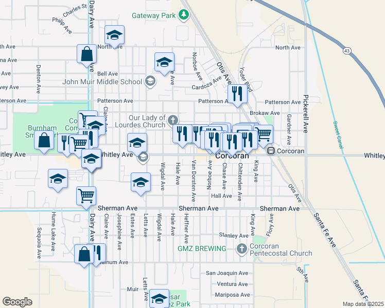 map of restaurants, bars, coffee shops, grocery stores, and more near 1221 Whitley Avenue in Corcoran