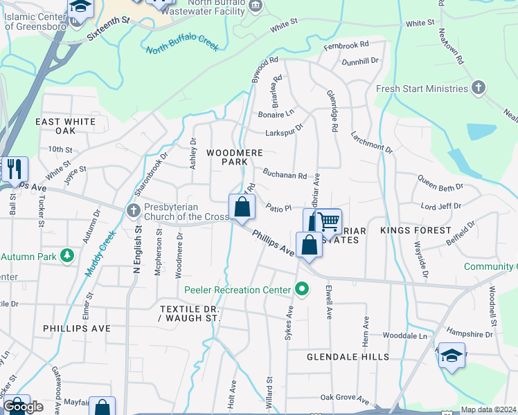 map of restaurants, bars, coffee shops, grocery stores, and more near in Greensboro